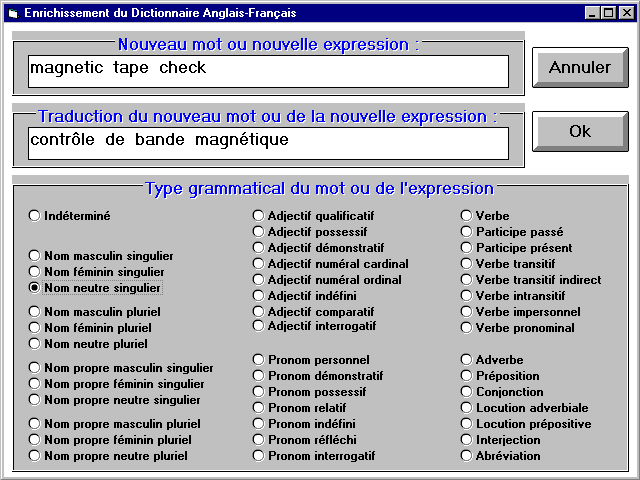 Enrichissement du dictionnaire personnel